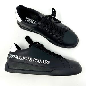 Versace Jeans Couture Black Logo Embroidered Leather Sneakers